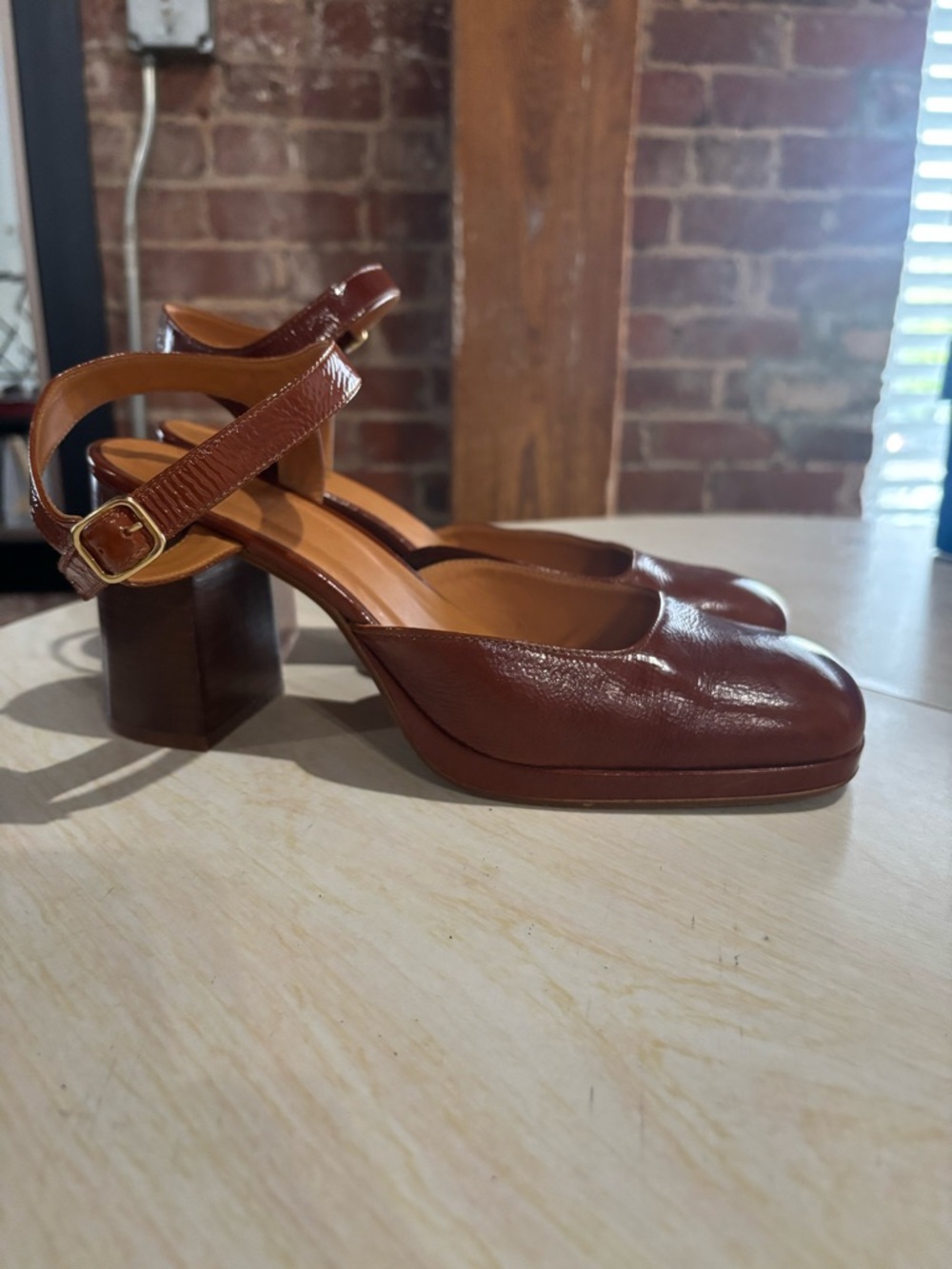 Sezane Brown Leather Heeled Mary Janes.
